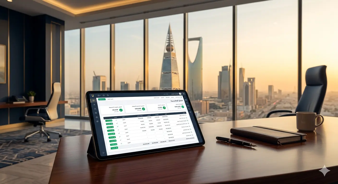Modern Riyadh office with ZATCA accounting dashboard